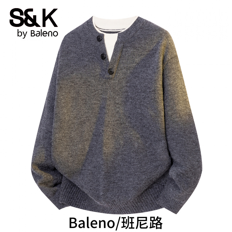 班尼路S&K潮牌撞色假两件纯色亨利领纽扣毛衣针织衫男秋冬季简约