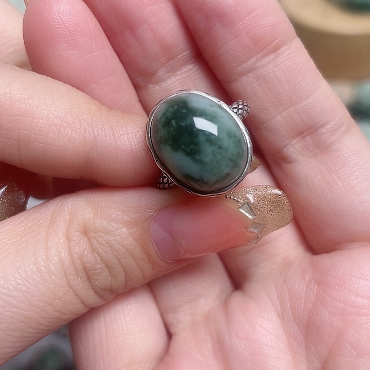 透闪石-蛇纹石玉戒指银S925镶嵌