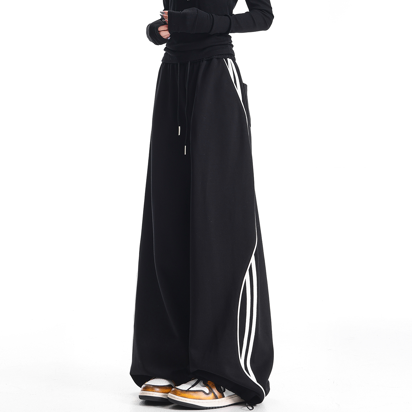 KEN STUDIO秋冬新款美式黑色三条杠运动裤女宽松显瘦卫裤休闲裤子