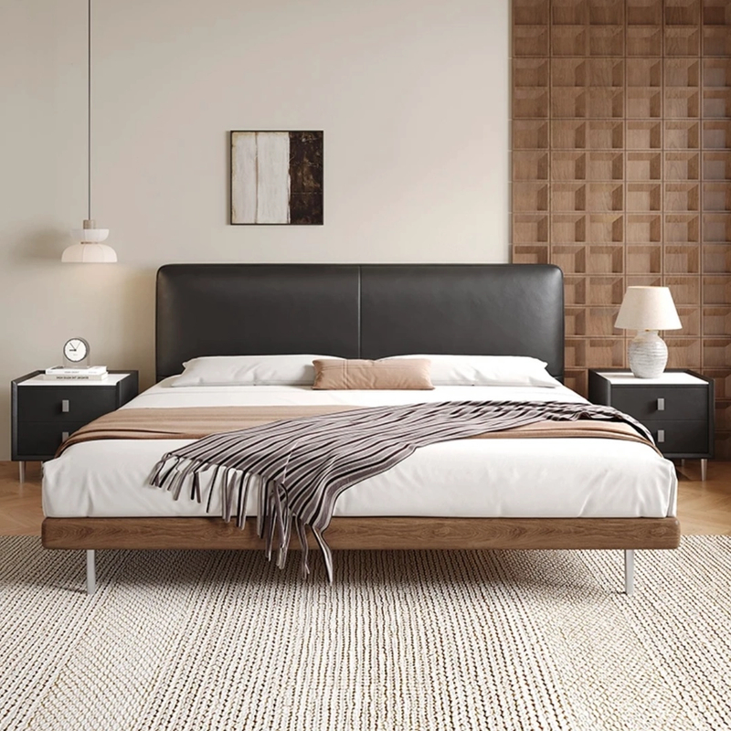 豆腐块极简风格白蜡木软体主卧真皮床适合轻奢风格奶油原木风格