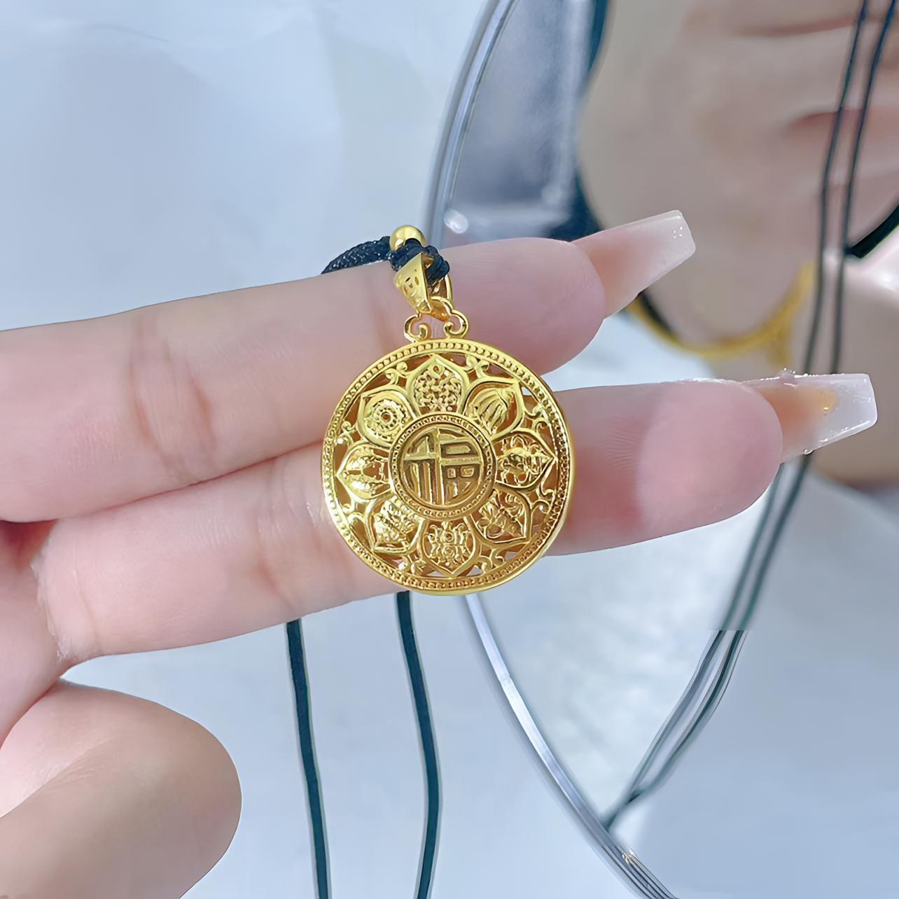 吊坠足银 小罗盘古法吊坠富瑞祥纹吉祥八宝罗盘项链精美双面挂坠