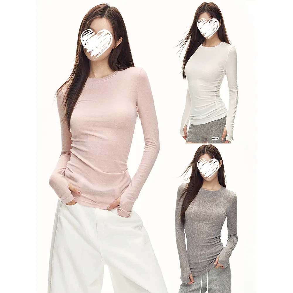 【6-8运补】秋冬新款修身显瘦打底衫纯色长袖T恤女女装潮+白色圆领