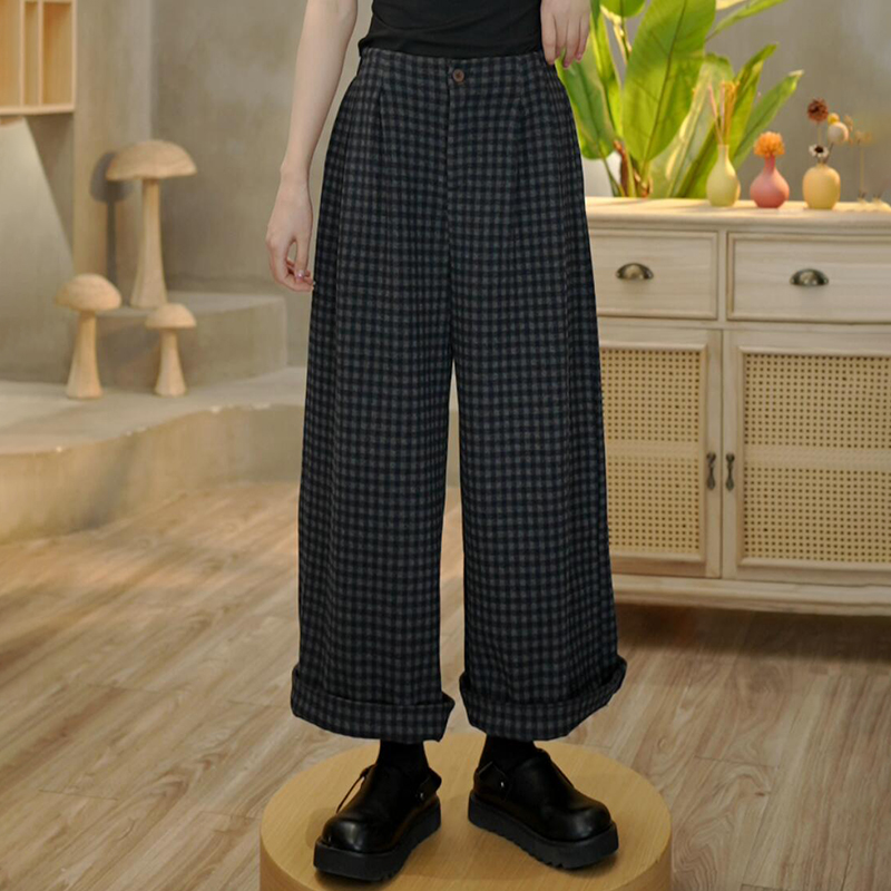 3818 冬季新款加厚复古格子裤松紧腰垂感宽松时尚百搭阔腿裤