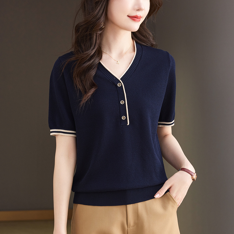 正肩女t恤短袖夏季休闲薄款别致上衣2025新款V领高档冰丝小衫短款