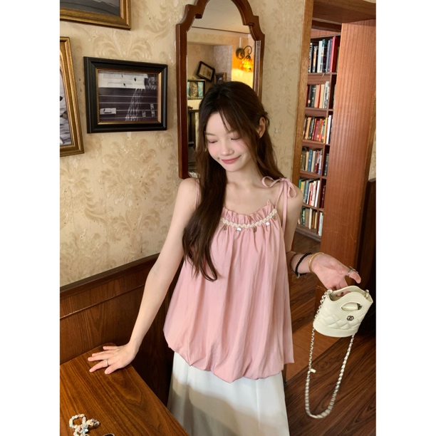 贝壳花边花苞挂脖背心女夏季2025新款洋气减龄小衫上衣