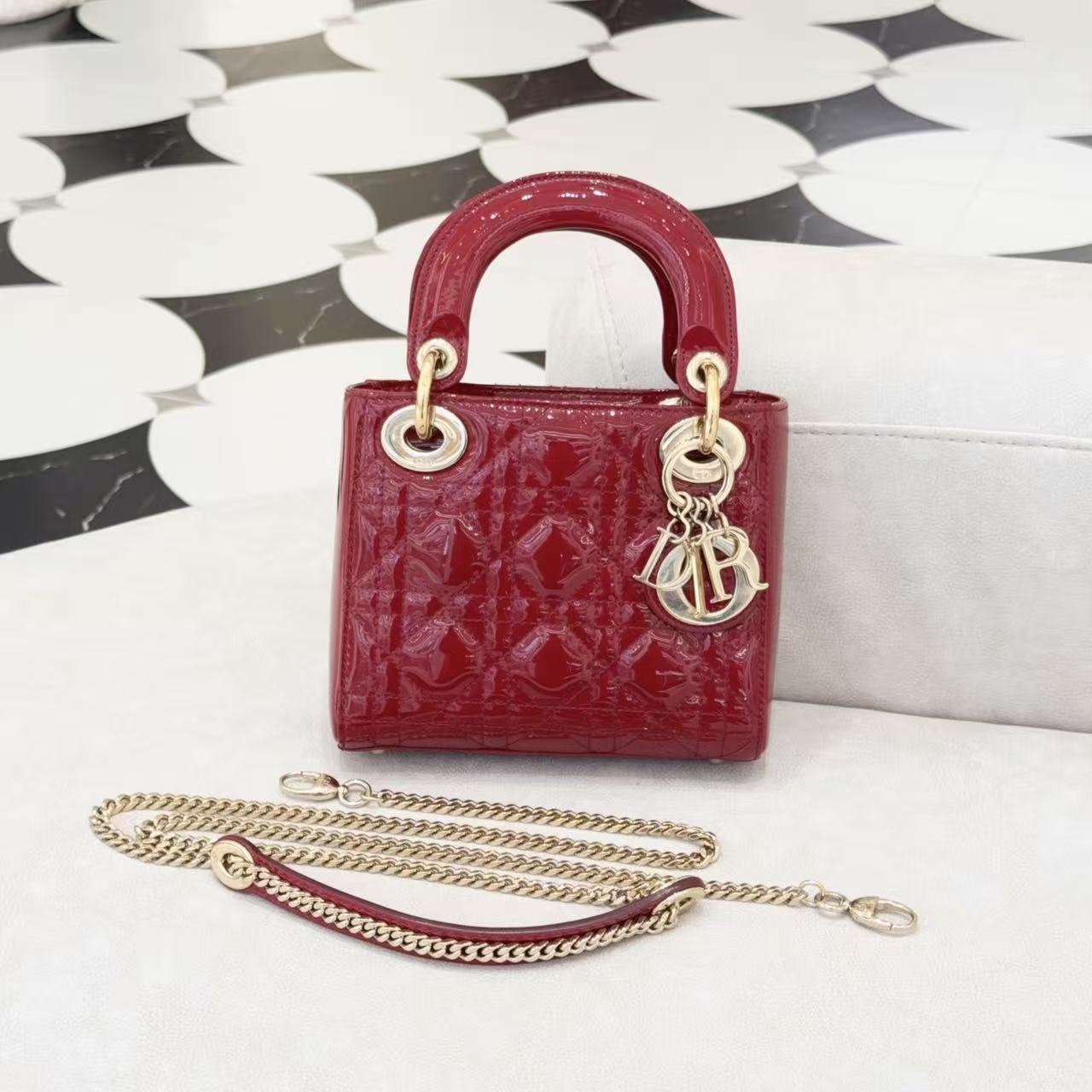 95新 DIOR/迪奥 GGS迪奥戴妃三格红色金扣漆皮60634152