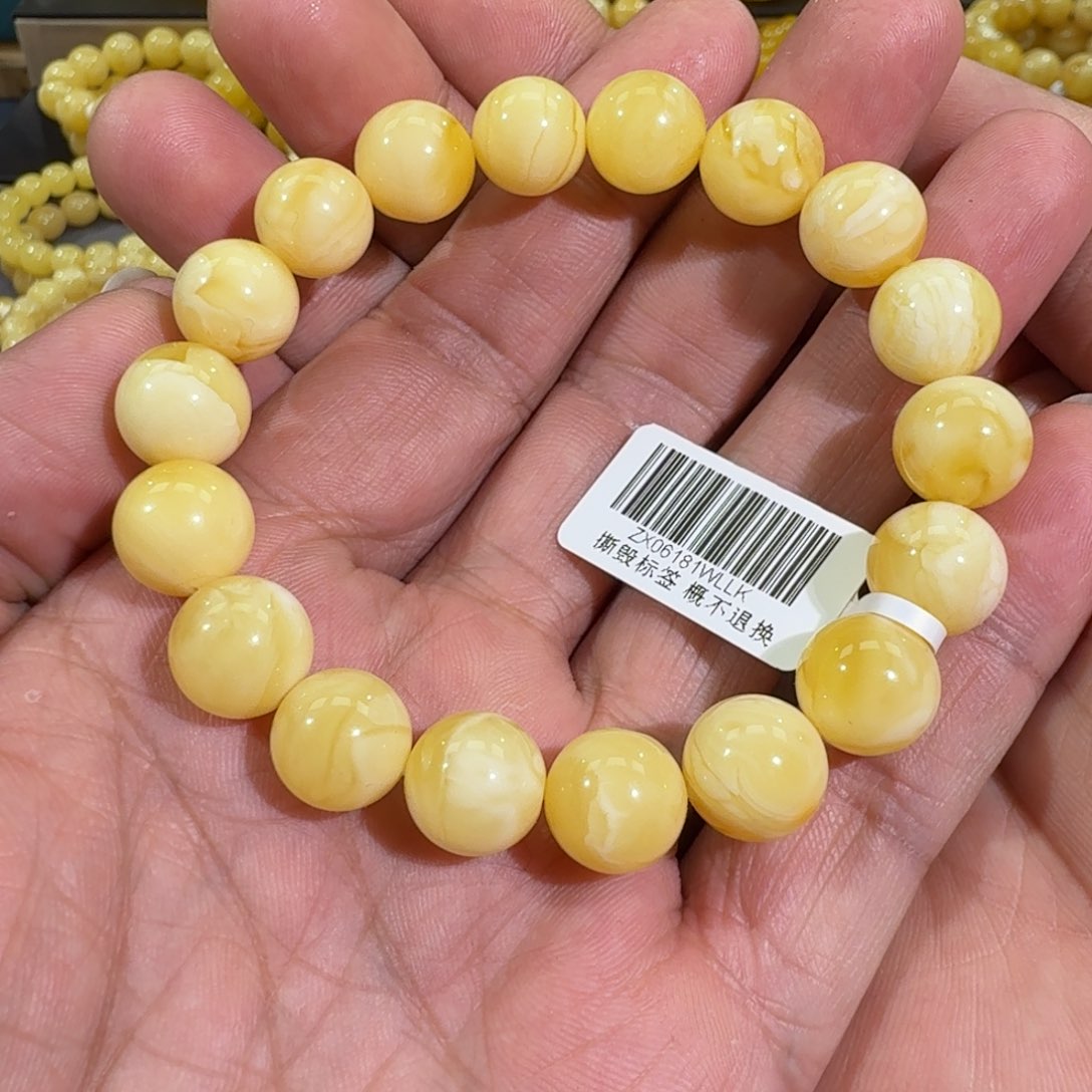 琥珀手链未镶嵌11.8m妖白花蜡圆珠手串15.9