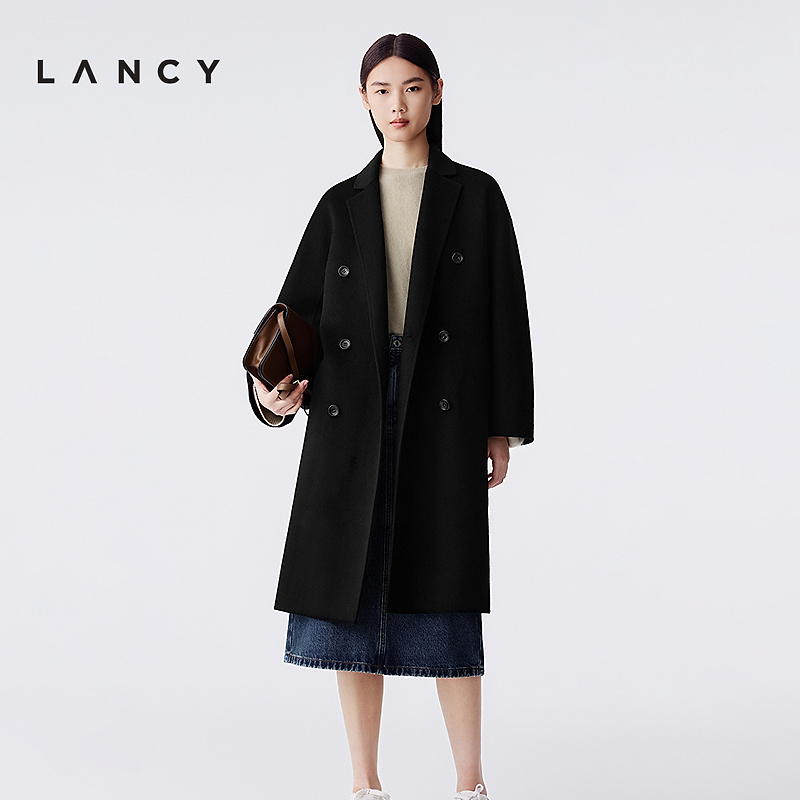 【100%羊毛】LANCY/朗姿2025冬新款双面呢长款大衣黑色毛呢外套女
