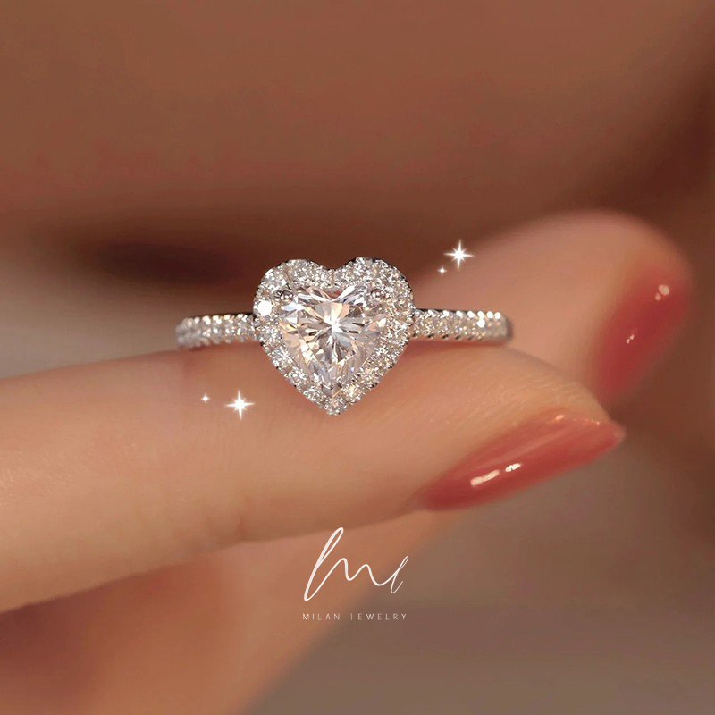 秘蓝 925银莫桑石戒指 心形钻戒/小众设计感求婚结婚戒送女友老婆