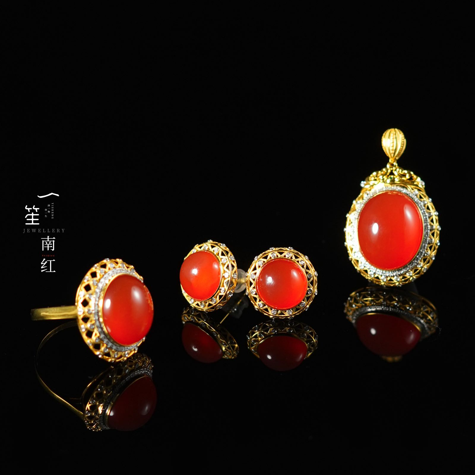 【一笙珠宝】天然南红收藏级吊坠戒指耳钉套装18k金镶嵌 YS22263