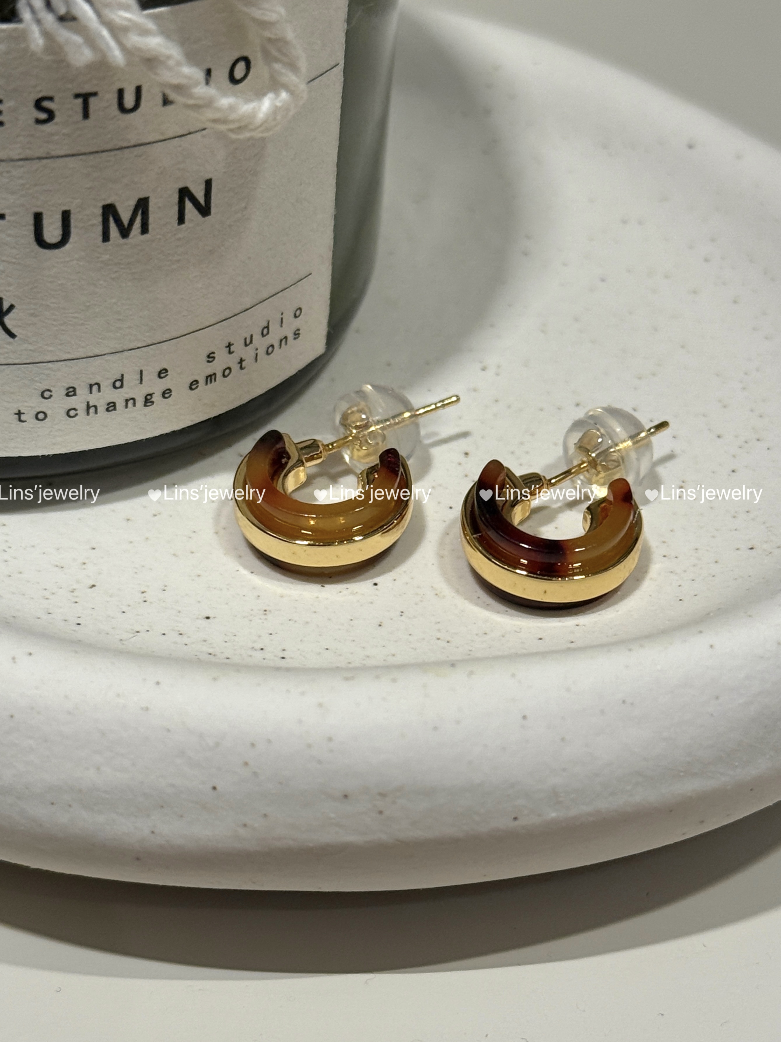 铜合金树脂耳饰 迷你金色玳瑁色小耳圈~百搭通勤复古简约时尚