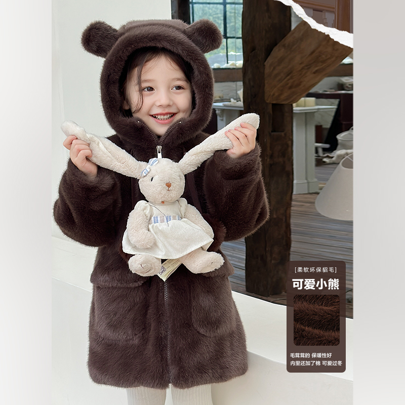 SKH2445女童韩版可爱连帽毛毛外套冬装新款重工加厚保暖皮草大衣