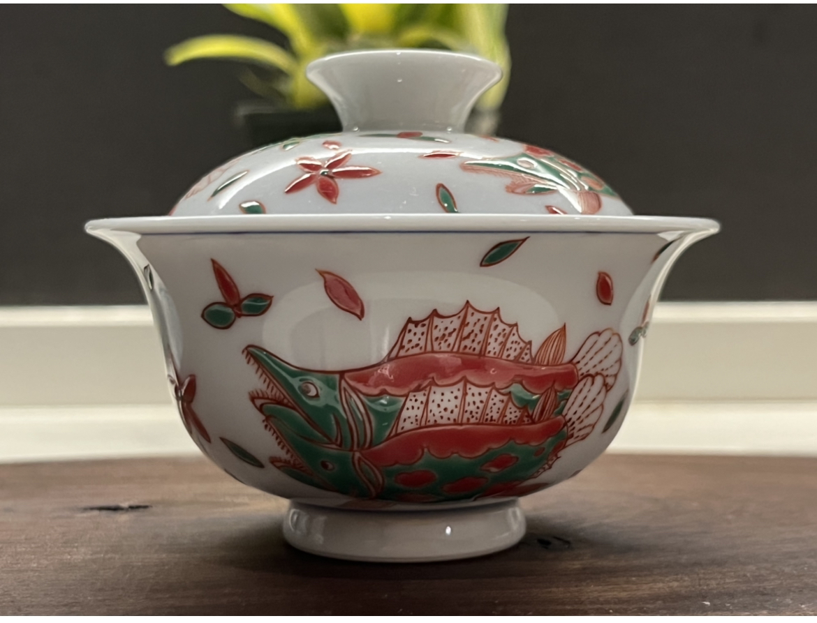 红绿彩纯手工手绘盖碗，容量120左右