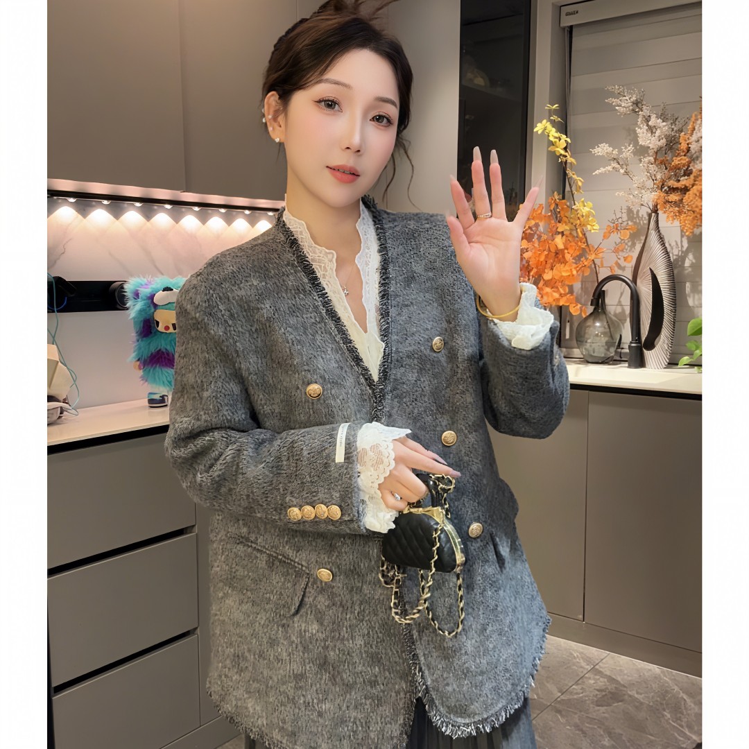 小香风双面呢大衣女中长款V领毛呢外套秋冬2025春秋气质女款8058