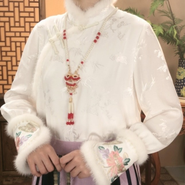 [暮云]新中式国风小立领水貂毛提花上衣刺绣中国风衬衫外套