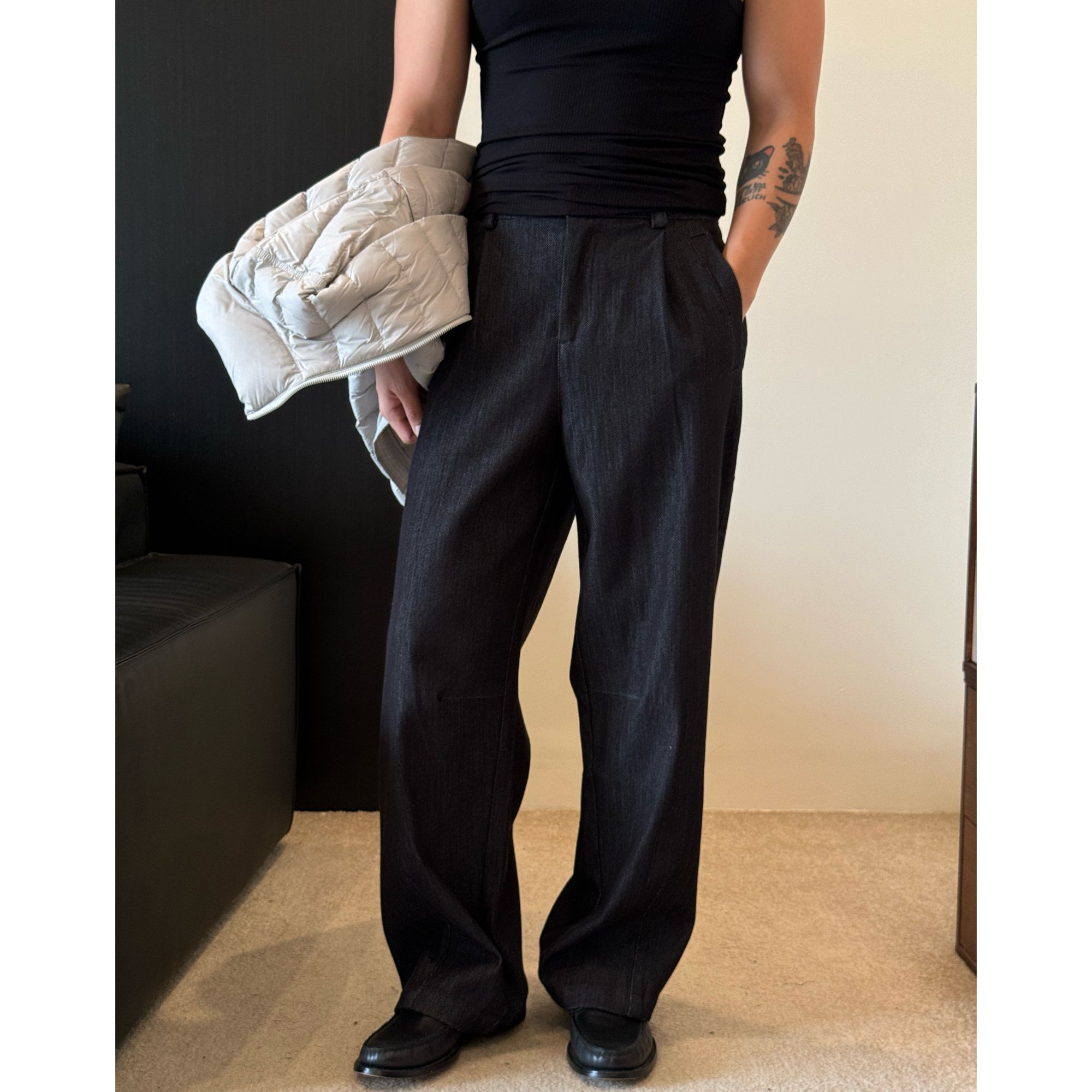 ZHENGYE  冬季加厚磨毛内里 人字纹单压褶宽松直筒休闲裤