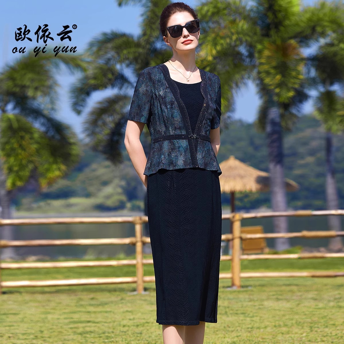 39875欧依云中年妈妈假两件连衣裙夏装新款气质优雅长裙显瘦修身