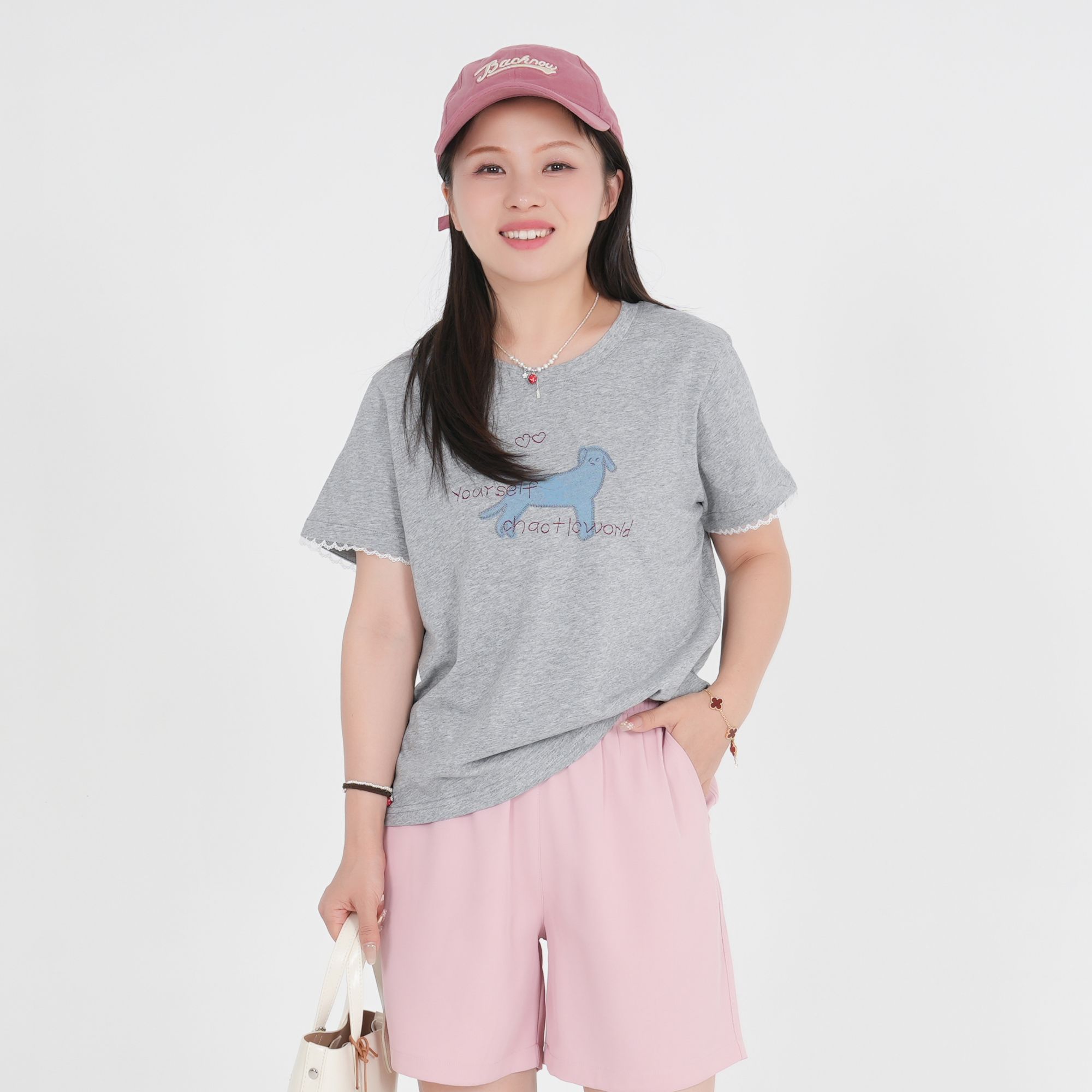 小个子圆圆1348蕾丝边重工刺绣圆领纯棉T恤休闲百搭夏季上衣女