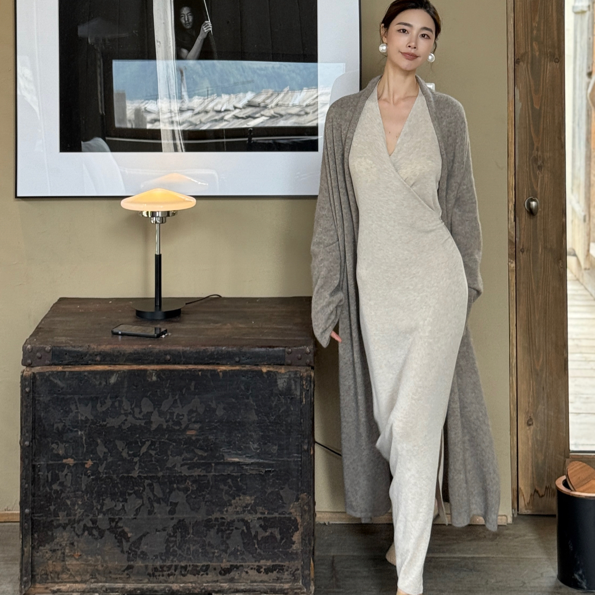 muli长袖慵懒斜门襟毛织连衣裙