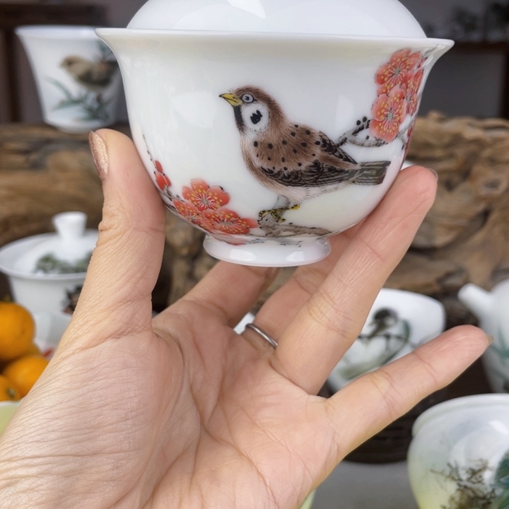 杯盖碗手绘釉下彩