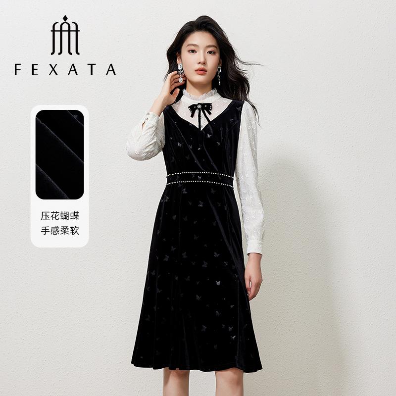 【达人专属】FEXATA斐格思气质丝绒印花连衣裙假两件
