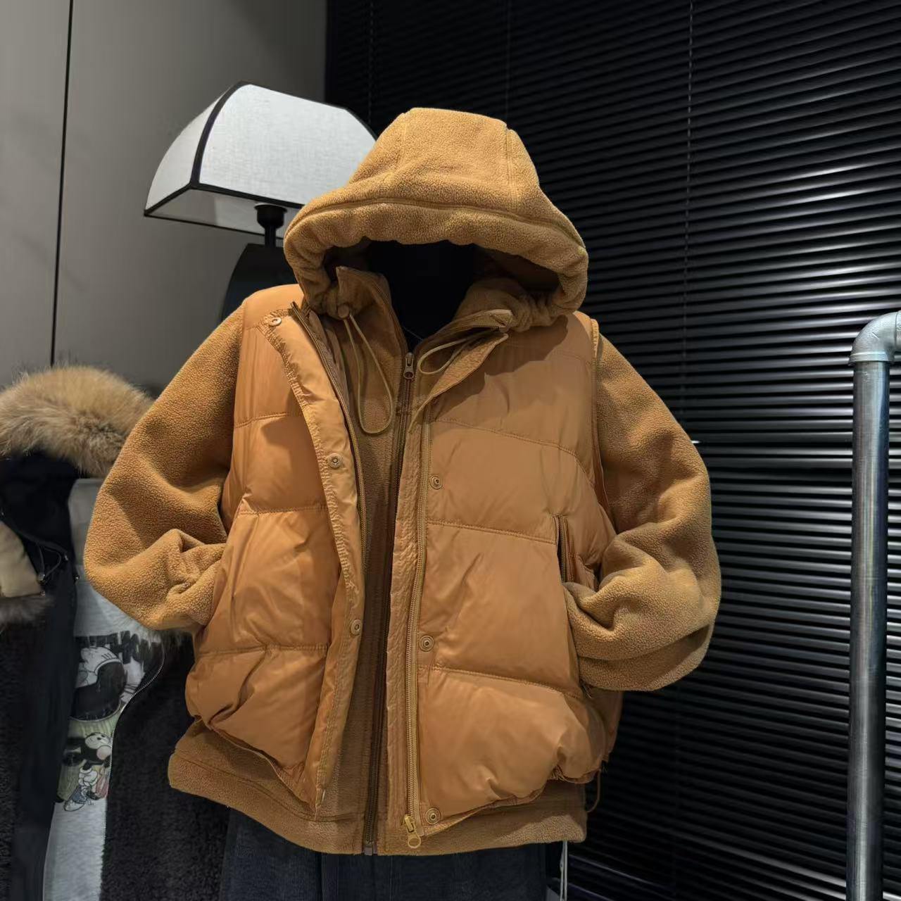 南瓜家冬款南瓜色马甲加绒连帽卫衣两件套