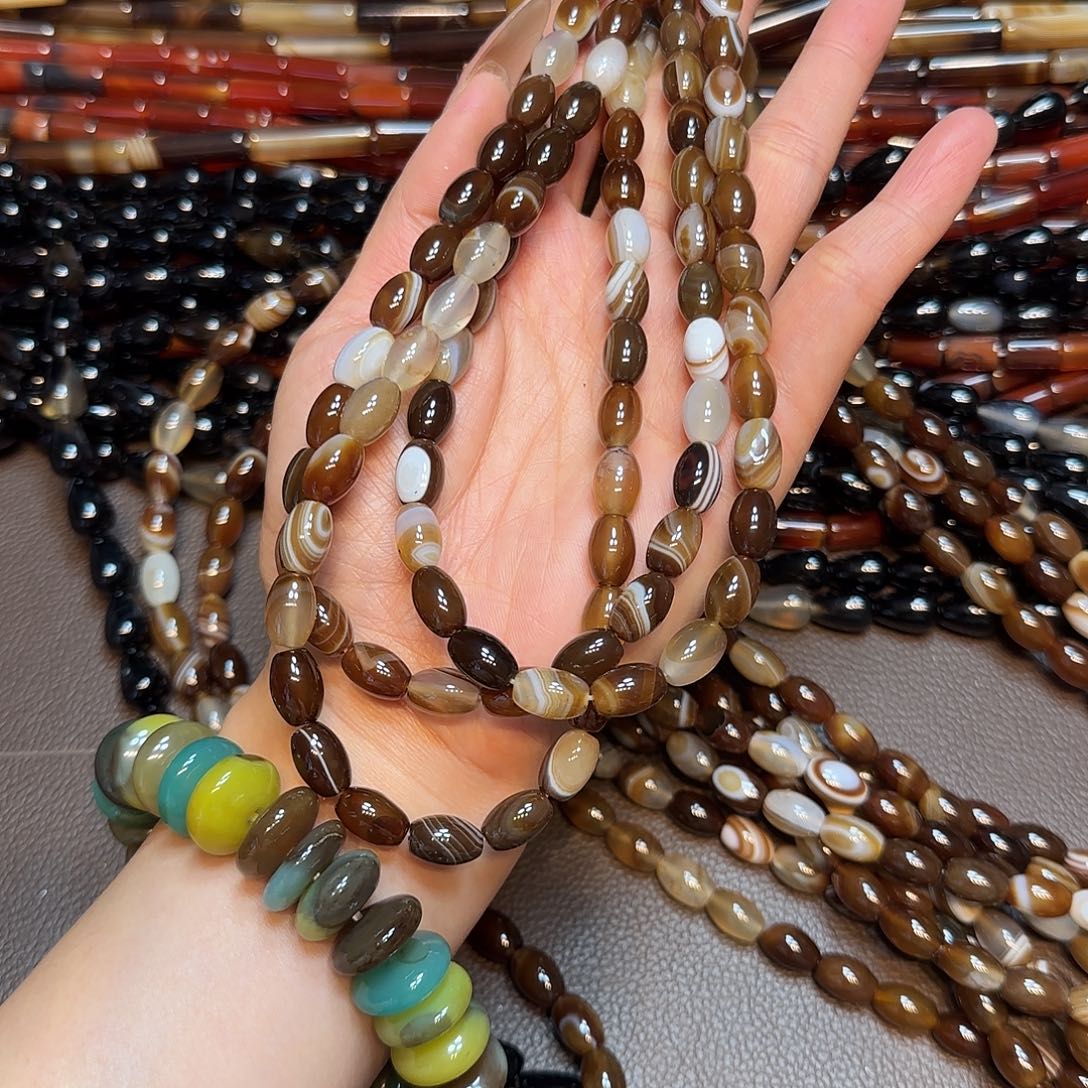 玛瑙/玉髓未镶嵌珠宝半成品8✖️12mm美拉德线条玛瑙米珠一条