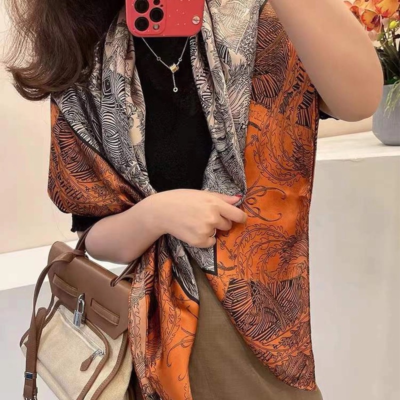 【橘色拼色】110*110 小丝巾丽锦缎小方巾丝巾围巾小披肩
