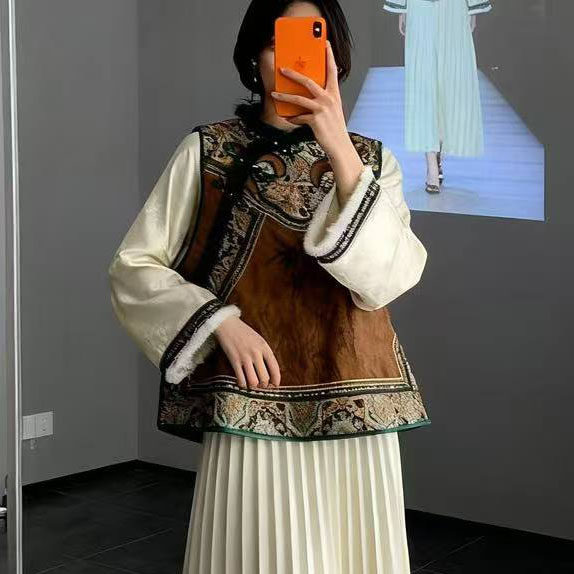 新中式国风刺绣拼接马甲立领水貂毛领宽松长袖高级感气质上衣124