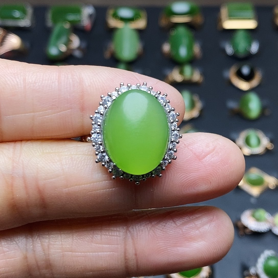 和田玉（碧玉）戒指银S925镶嵌春*