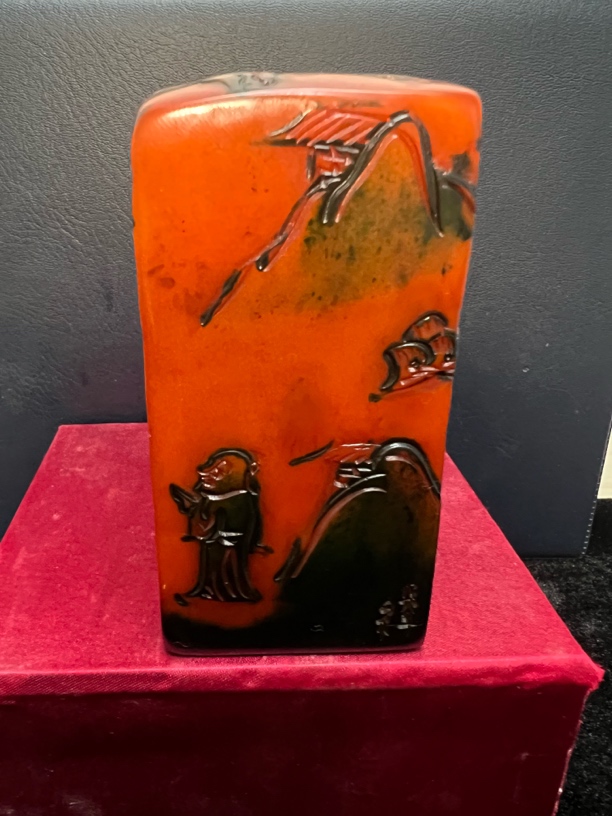 寿山石山水篆刻浮雕印章精品乌鸦皮山水人物章