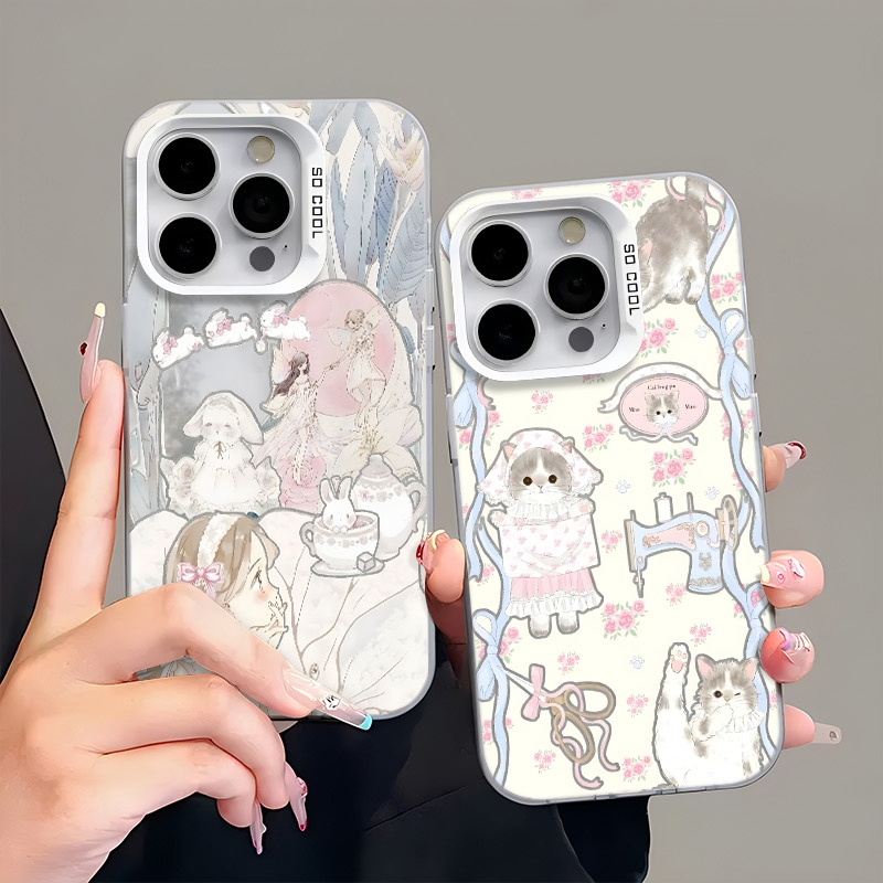 裁缝猫咪适用苹果全系列手机壳卡通可爱风格复古女孩华为oppo创意