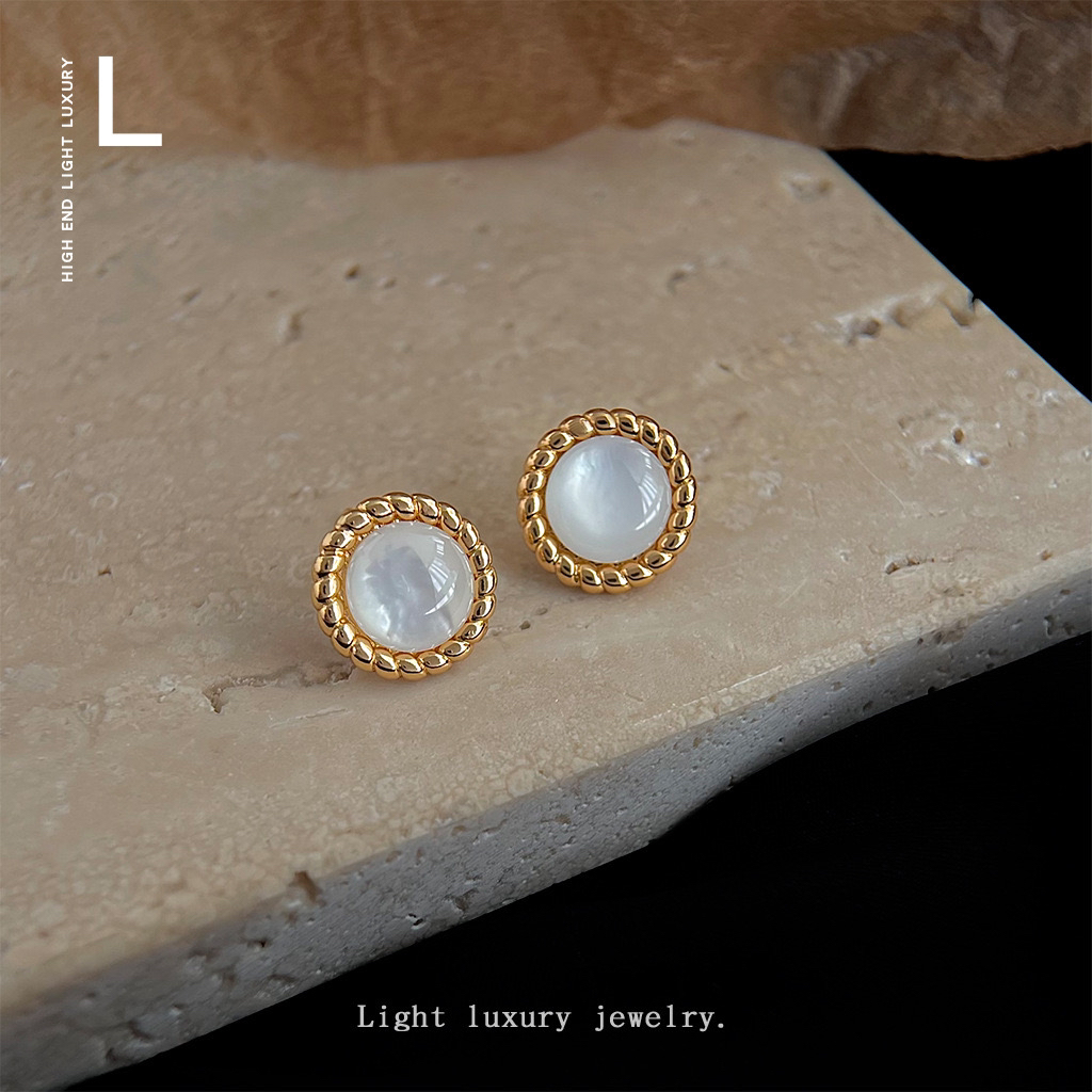 铜合金贝壳耳饰 天然贝壳简约圆形耳钉