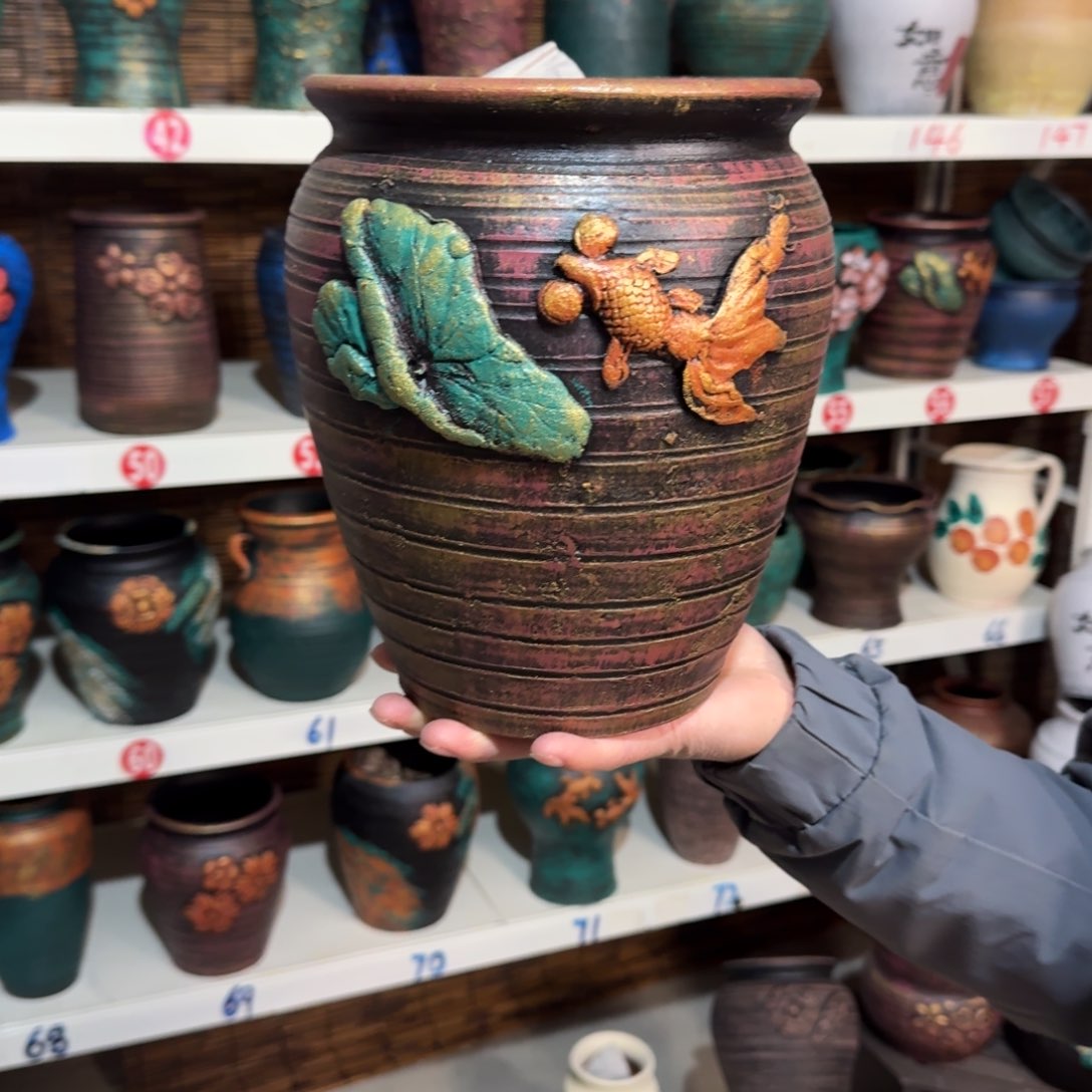 红陶红陶浮雕花盆炸炸炸