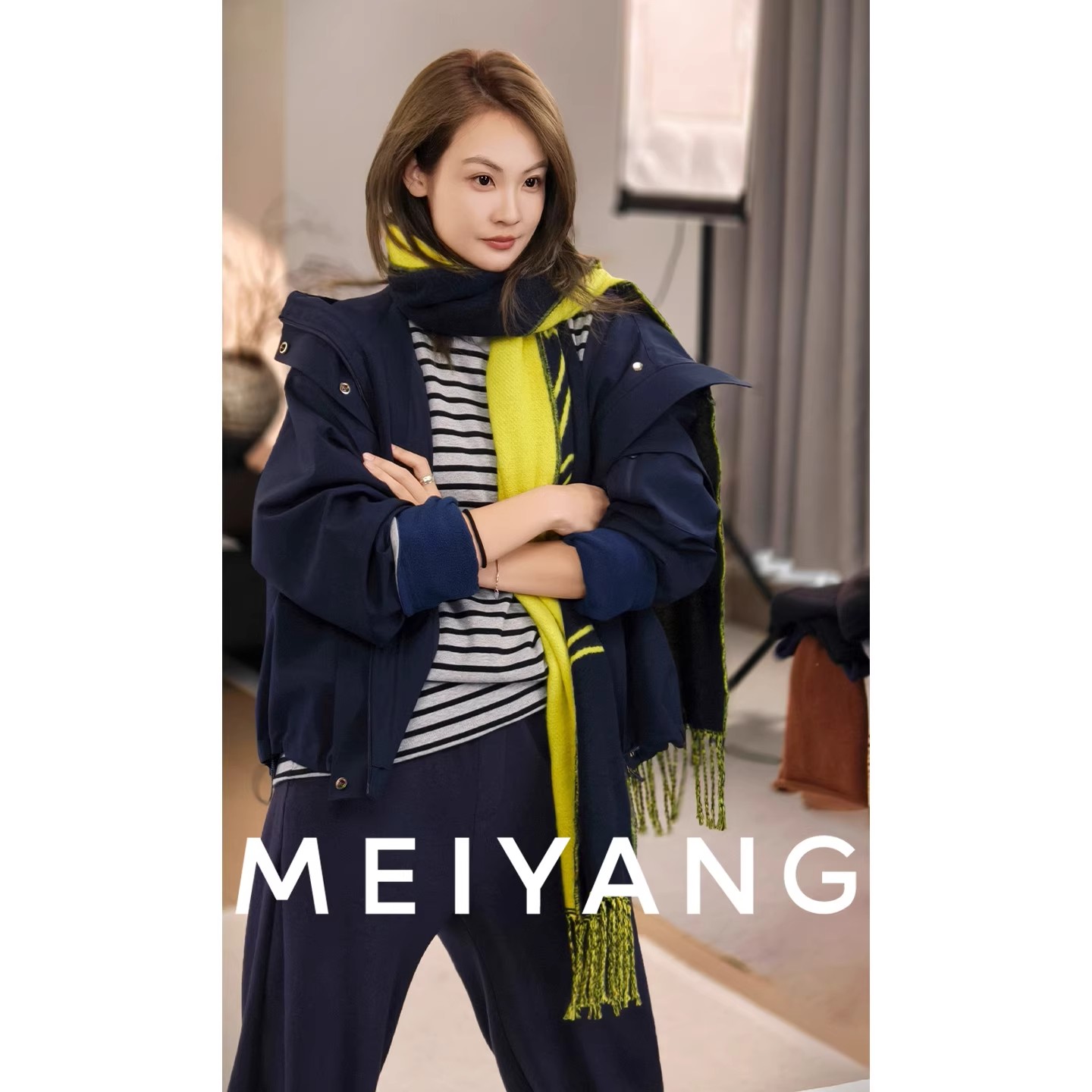 美洋MEIYANG 柠檬茶围巾 简约百搭撞色流苏保暖针织长围脖