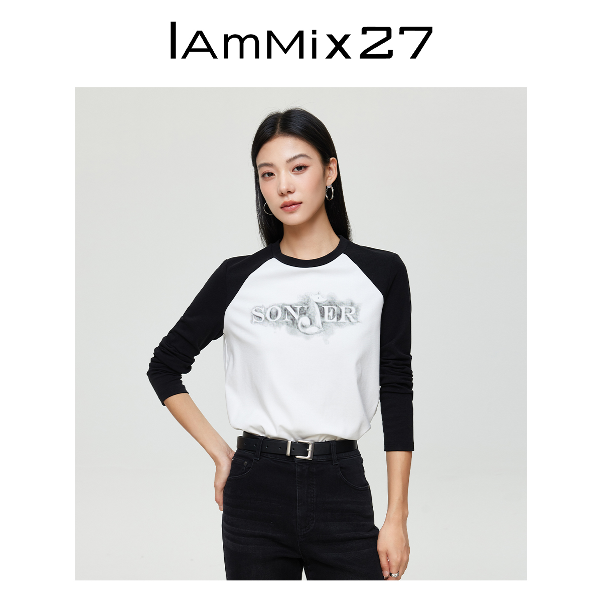 Iamx27秋季长袖字母针织印花圆领T恤M4D8130