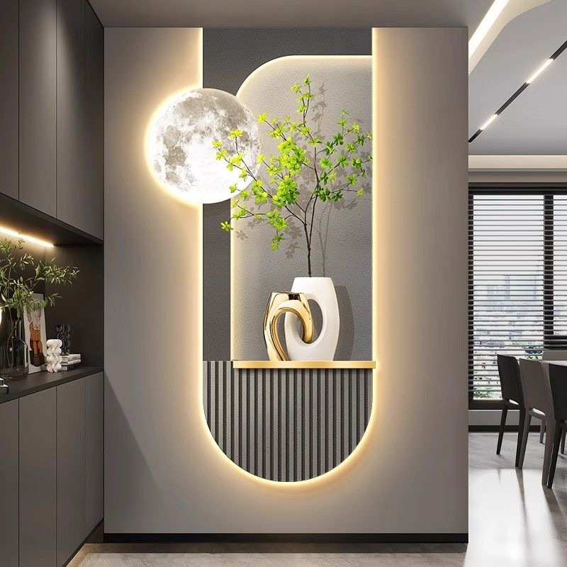 现代玄关装饰画壁灯绿植走廊过道简约挂画高级感大气发光带灯挂画