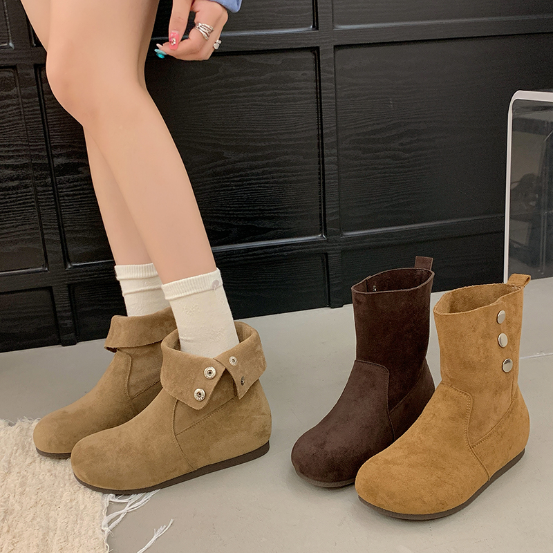 网红爆款复古磨砂皮小短靴女平底套筒马丁靴及踝靴两穿翻折靴子潮