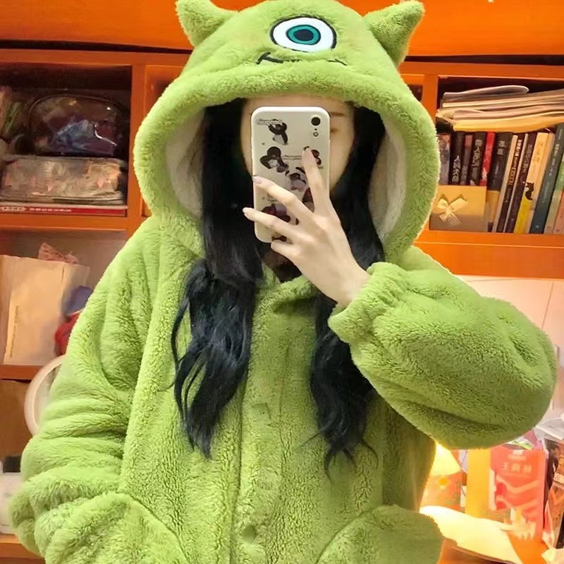 【大眼仔仔】秋冬加绒加厚中长款睡袍睡袍珊瑚绒睡衣网红家居服外穿
