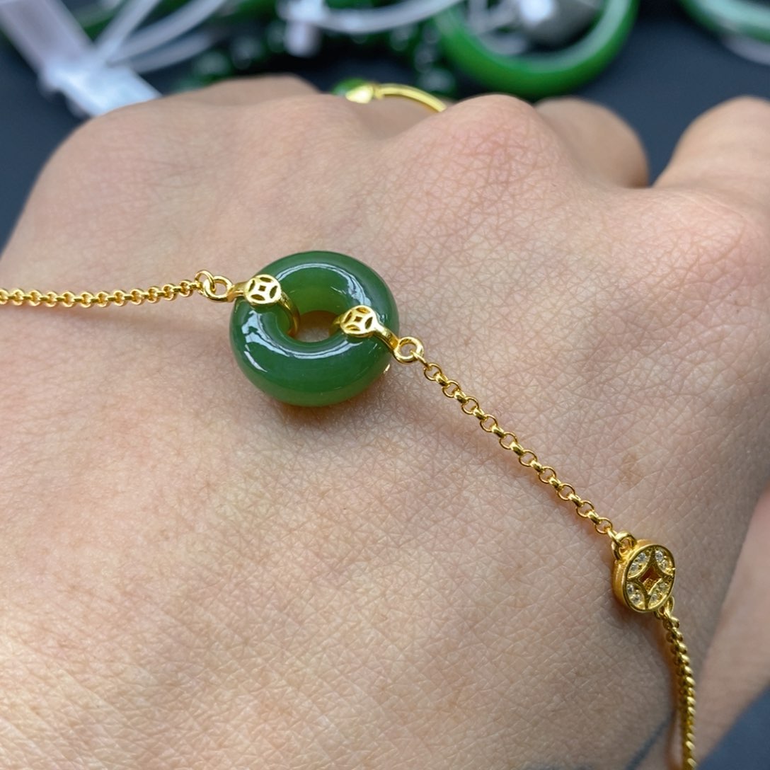 和田玉（碧玉）耳饰银S925镀金镶嵌