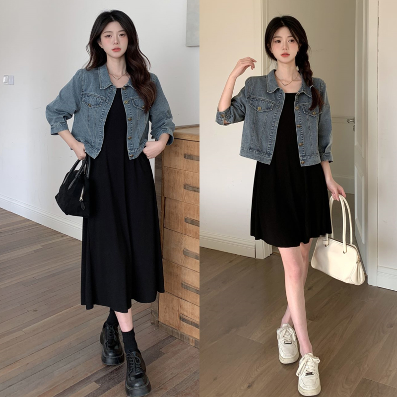 6351+6345-秋冬大码女装胖MM牛仔外套+背心裙两件套装