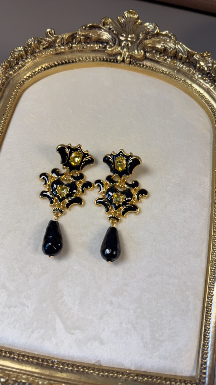 合金合成锆石耳饰 珐琅耳坠耳环耳饰耳钉黑金配色