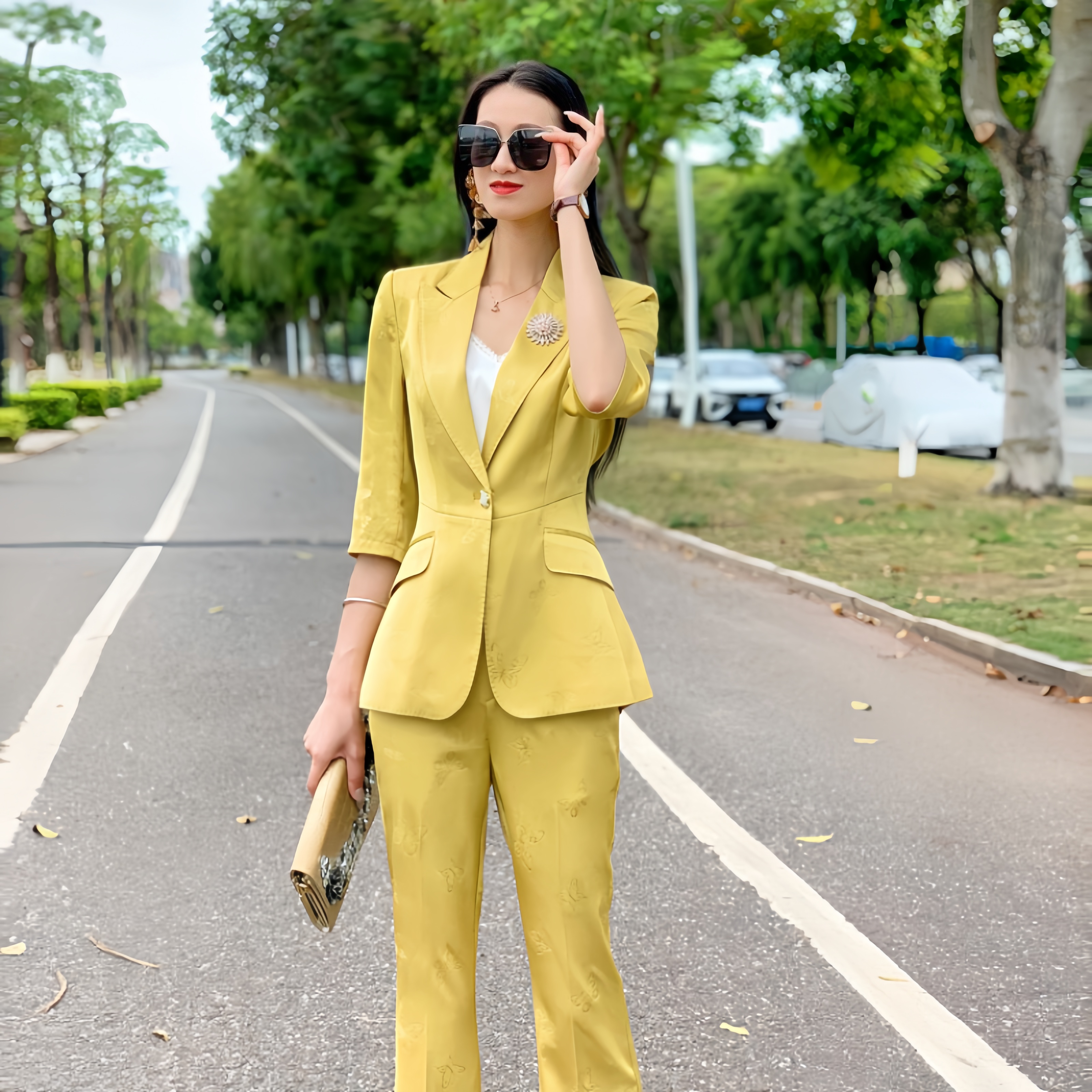 9857春夏新款时尚女士套装修身显瘦西装外套职业裤两件套中袖粉色