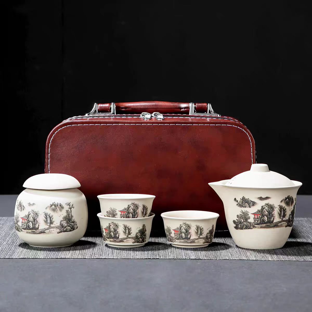 2025新款旅行茶具便携式功夫套装日式户外快客杯带皮包陶瓷e879