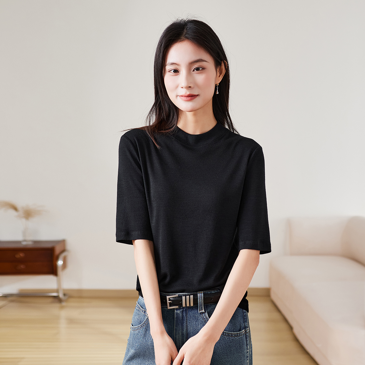 索菲丝尔绵羊毛短袖T恤女2025春季时尚百搭纯色打底衫上衣517033