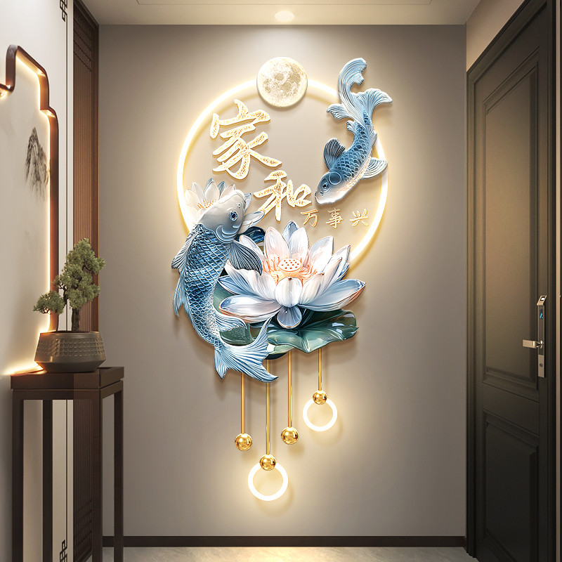 家和万事兴入户玄关装饰画新中式锦鲤荷花玄关挂画2025新款高级感