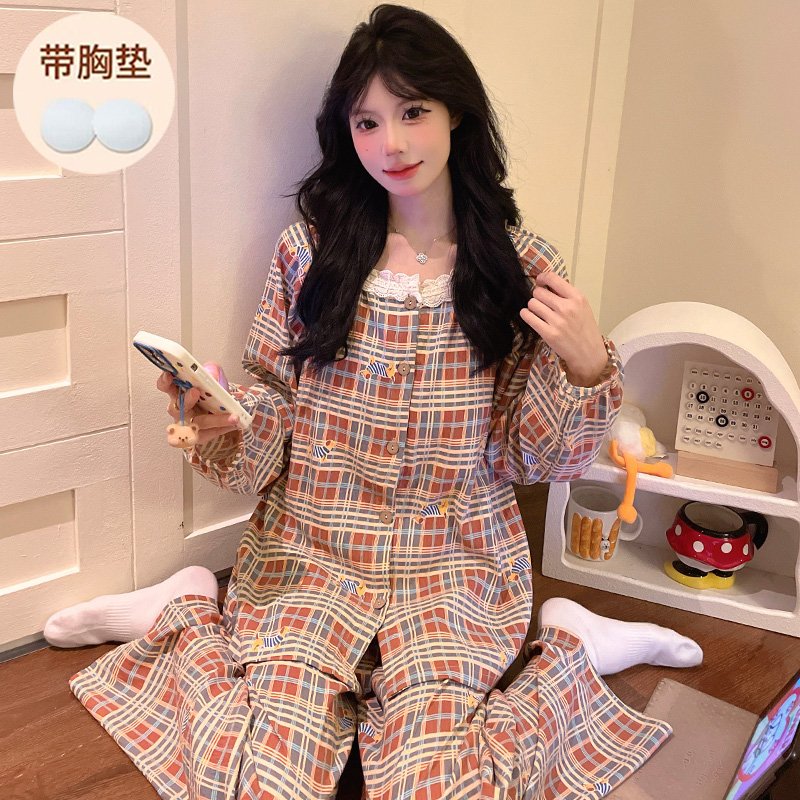 庆同秋季新款带胸垫开衫长袖长裤套装睡衣女士可外穿家居服春冬