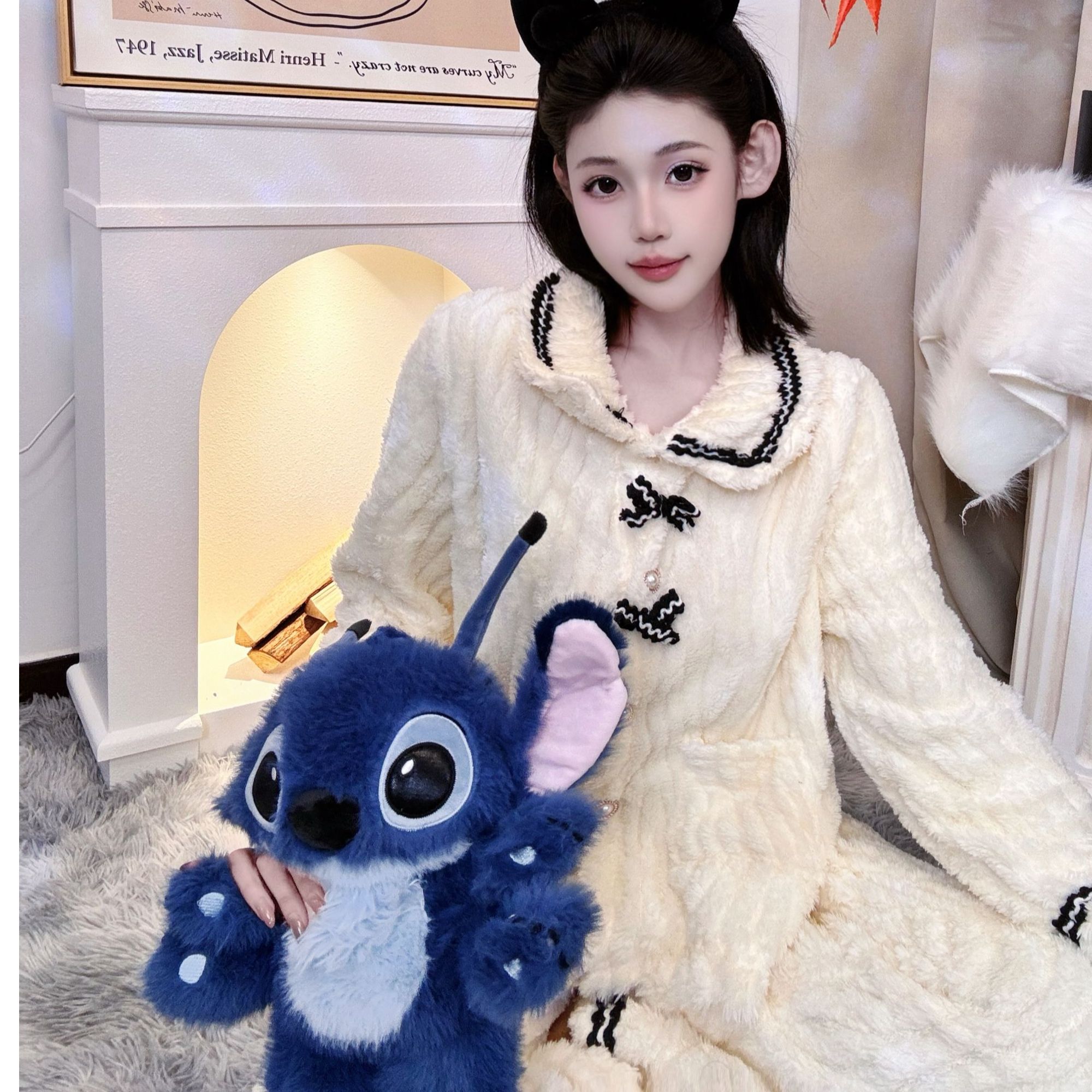 【雾岛】法兰绒甜美开衫蝴蝶结睡衣女冬款加厚加绒保暖两件套家居服