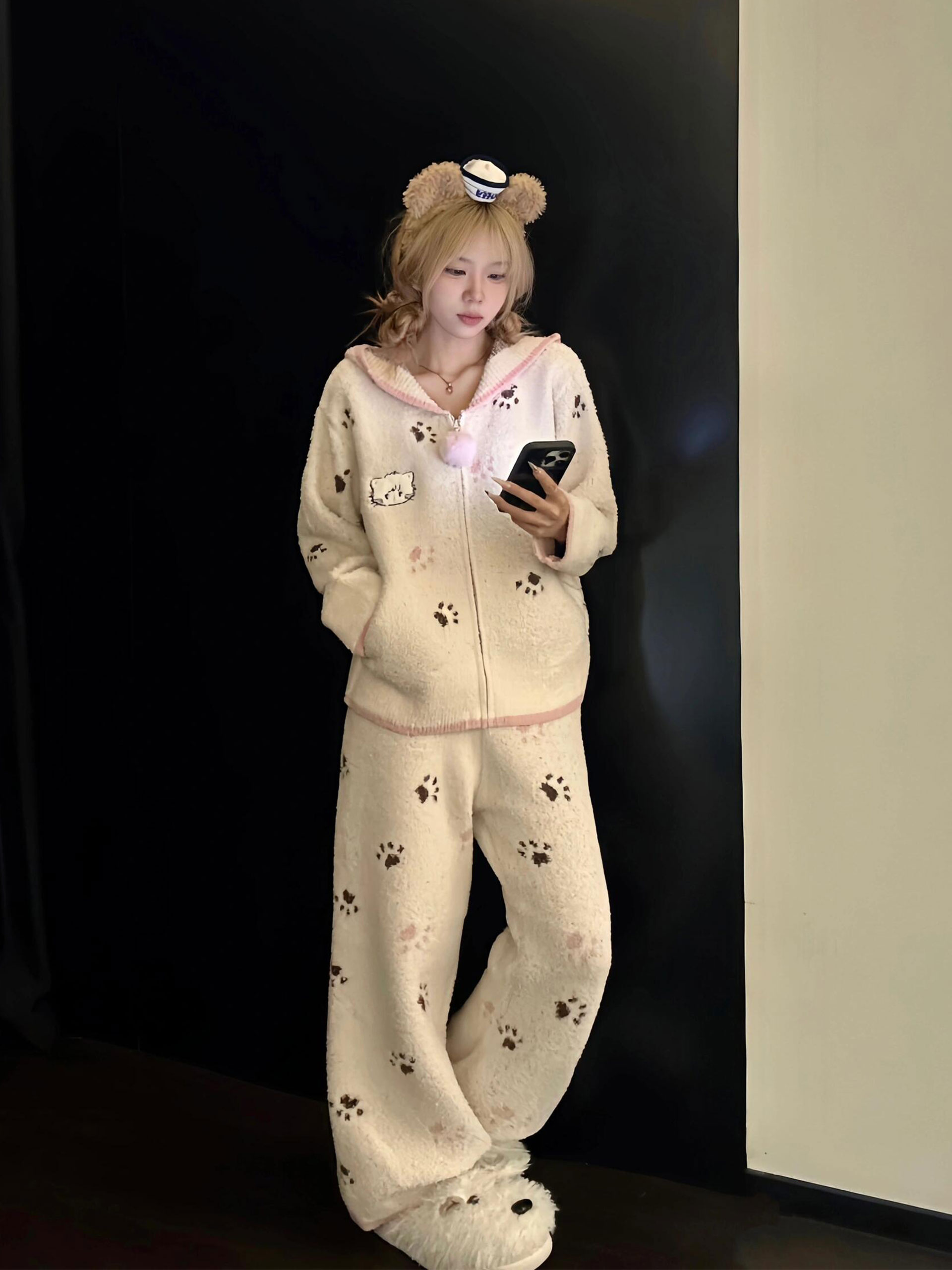 甜美卡通爪印猫耳披肩斗篷睡衣女秋冬款软fufu可爱粉保暖睡袍套装