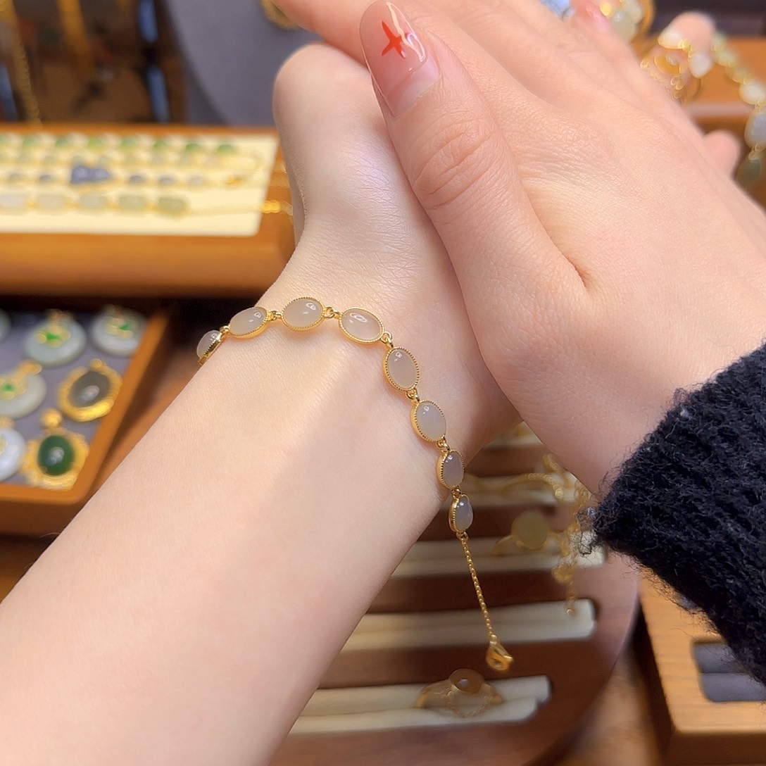 和田玉手链银S925镀金镶嵌